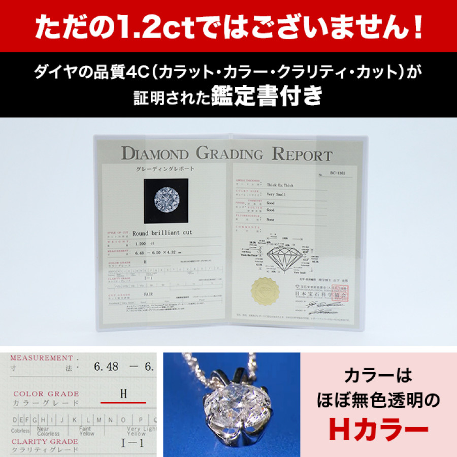 松屋銀座外商部 鑑定書付き純プラチナ1.2ctダイヤモンドペンダント