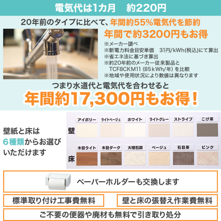 TOTOトイレリフォーム 洋&rarr;洋 ウォシュレット (ノズルきれい・W保温機能付き・蓋オート開閉)