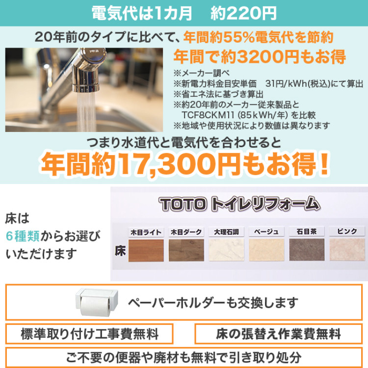 TOTOトイレリフォーム 便器交換＆床貼替 ウォシュレット (ノズルきれい・乾燥機能付き)