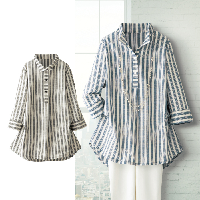 襟付ストライプ柄ブラウス
