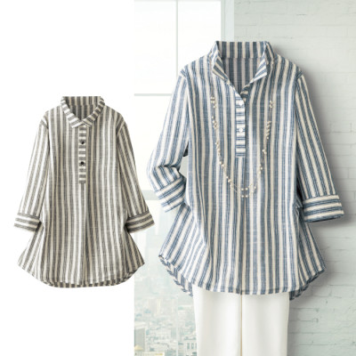 襟付ストライプ柄ブラウス