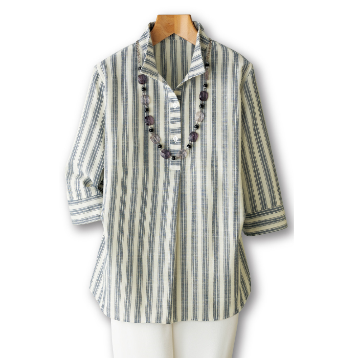 綿混先染めストライプ襟付ブラウス