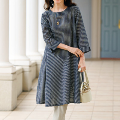 ストライプ切替えフレアワンピース