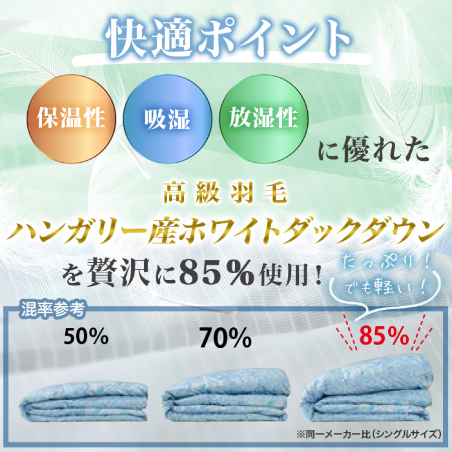 ハンガリー産ホワイトダックダウン 洗える高級羽毛肌掛け布団 シングル