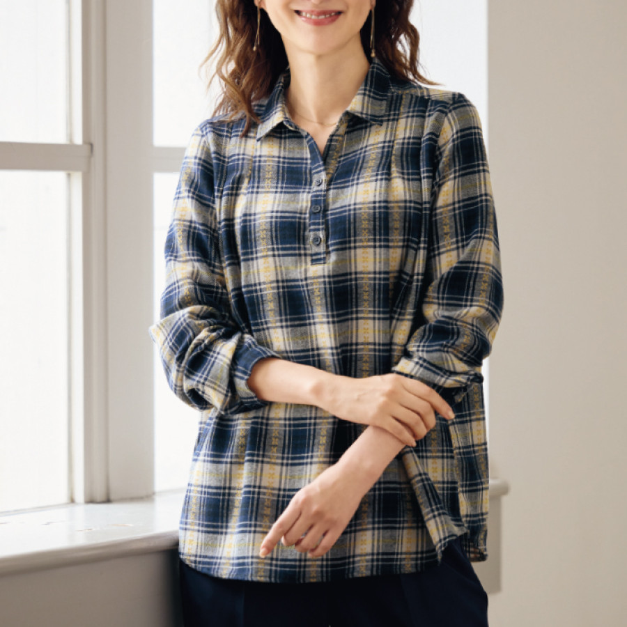 先染め綿混薄起毛オーバーブラウス