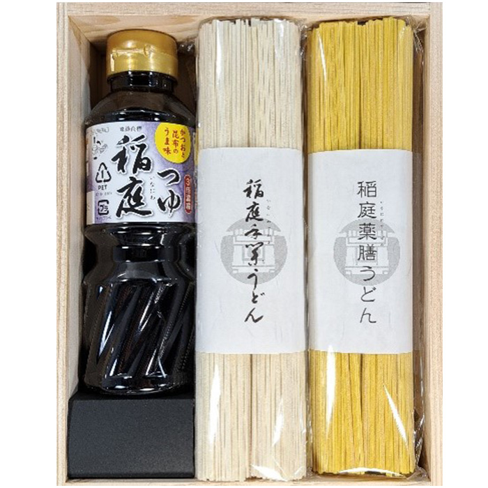 <秋田>古式杉箱入 稲庭手業うどん・稲庭薬膳うどん つゆ付セット