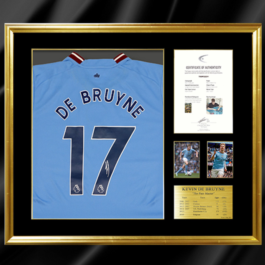 デ・ブライネ直筆サイン入りマンチェスターシティ22/23ホームユニフォーム特製フレーム
