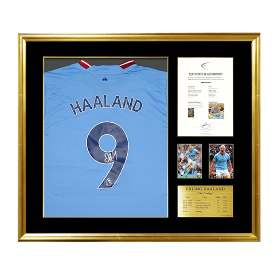ハーランド直筆サイン入りマンチェスターシティ22/23ホームユニフォーム特製フレーム