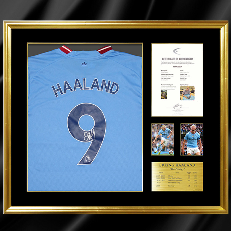 ハーランド直筆サイン入りマンチェスターシティ22/23ホームユニフォーム特製フレーム