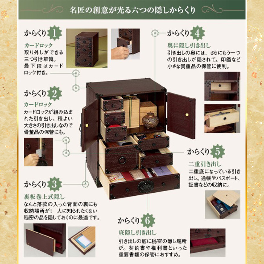 望月愼一作 からくり六隠し時代箪笥 駿河鎌倉彫 菊華