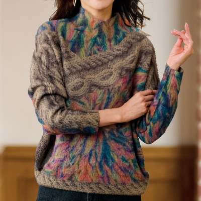 総柄プリントシャギーセーター