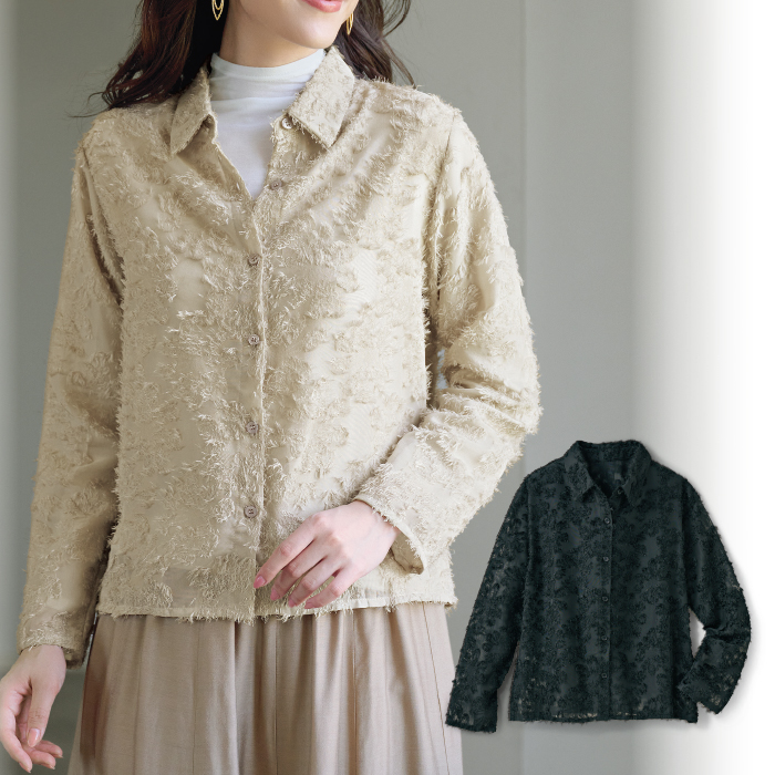 フリンジジャカードシアーブラウス