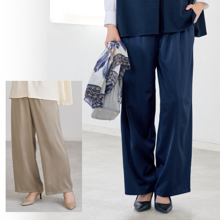 サテン素材ワイドパンツ