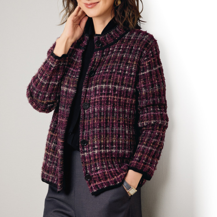 ウール混ミックス格子柄ニットジャケット