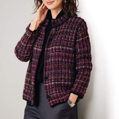 ウール混ミックス格子柄ニットジャケット