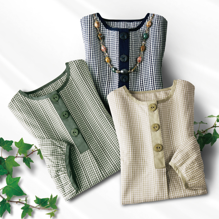 先染めドビーギンガムブラウス3色組(同サイズ)