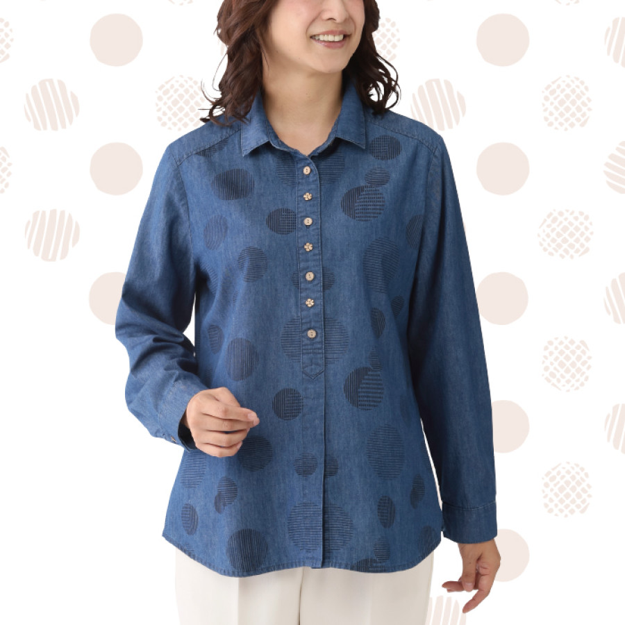 水玉柄デニムブラウス