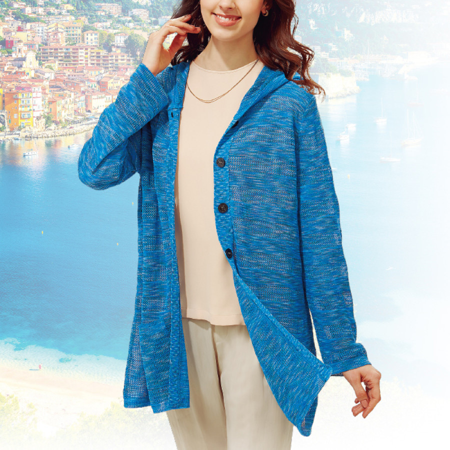 コードダジュールの彩り ジュンヌ・ド・ブルー 絣糸フード付きカーディガン