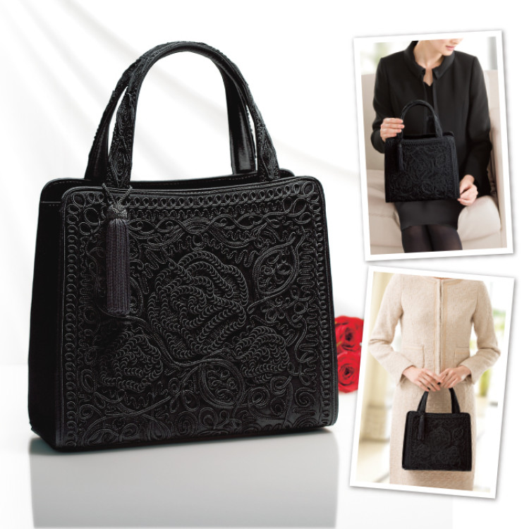 <ローズ・ノワール>米沢織コード刺しゅうハンドバッグ