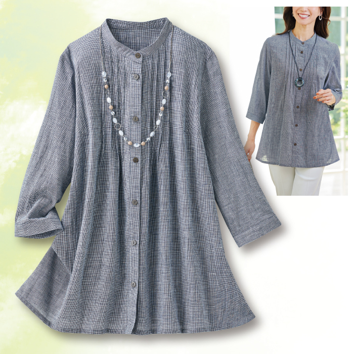 千鳥柄綿麻ピンタックブラウス