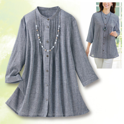 千鳥柄綿麻ピンタックブラウス