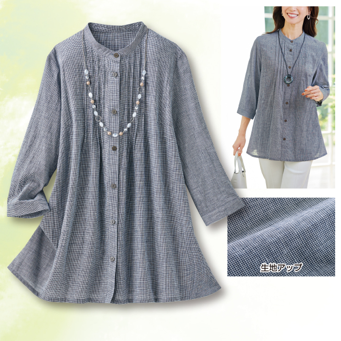 千鳥柄綿麻ピンタックブラウス