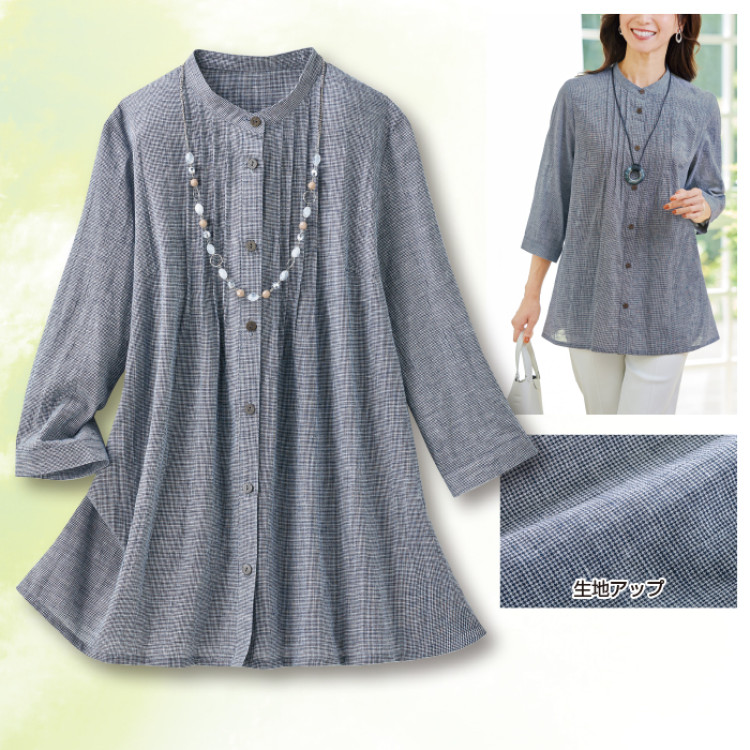 千鳥柄綿麻ピンタックブラウス