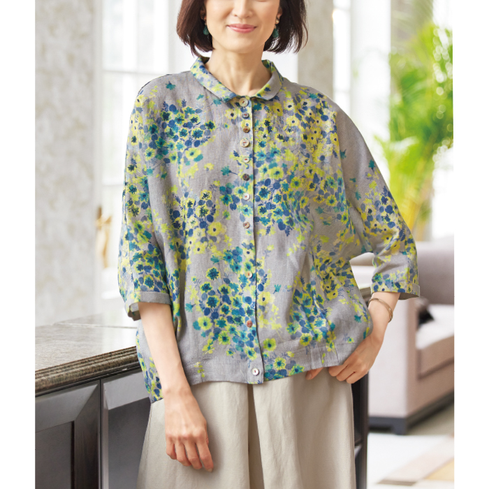 麻綿プリントドルマンブラウス