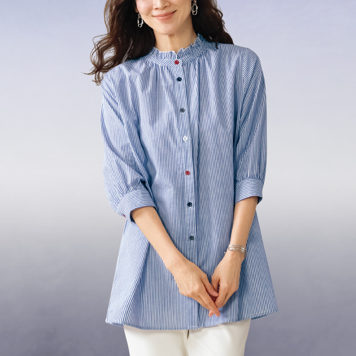 フリル襟ストライプロングブラウス