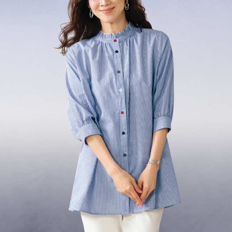 フリル襟ストライプロングブラウス