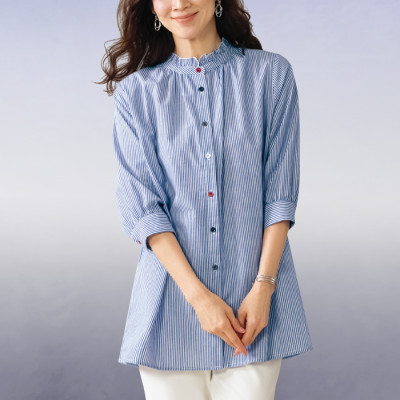 フリル襟ストライプロングブラウス