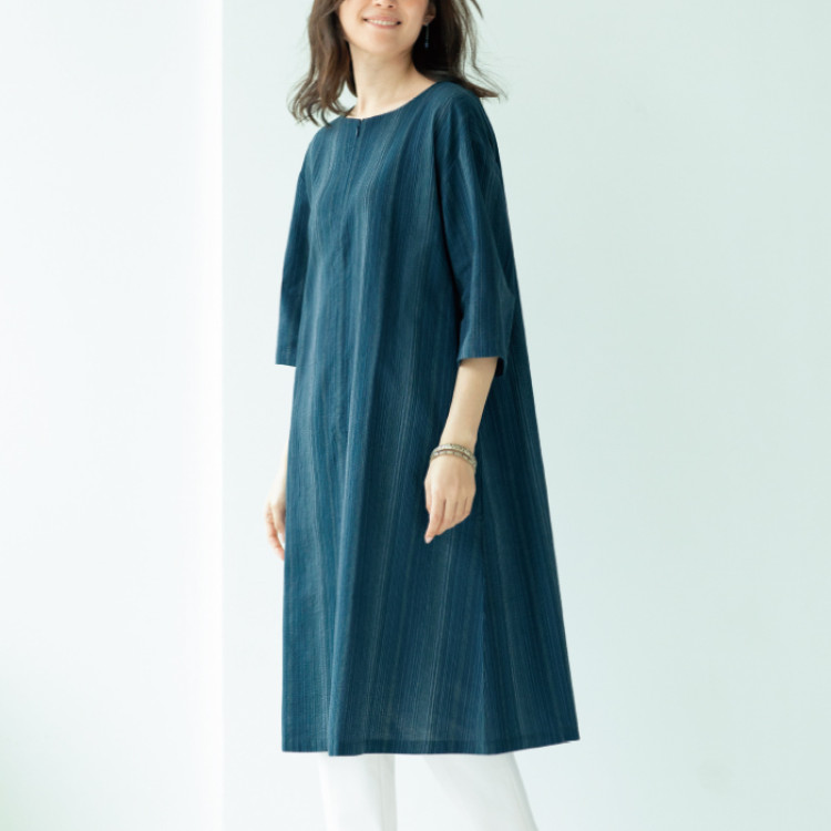 「三河木綿」しじら織縞柄ワンピース