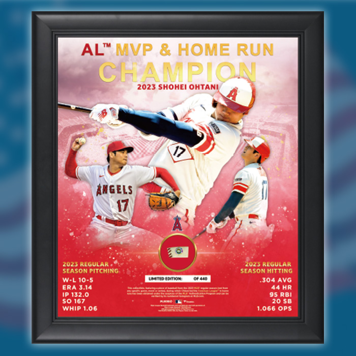 大谷翔平 2023MVP＆ホームラン王記念ゲーム使用球カットピース入りフォトフレーム