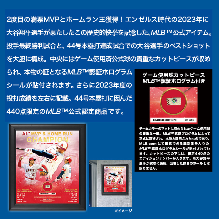 大谷翔平 2023MVP＆ホームラン王記念ゲーム使用球カットピース入りフォトフレーム