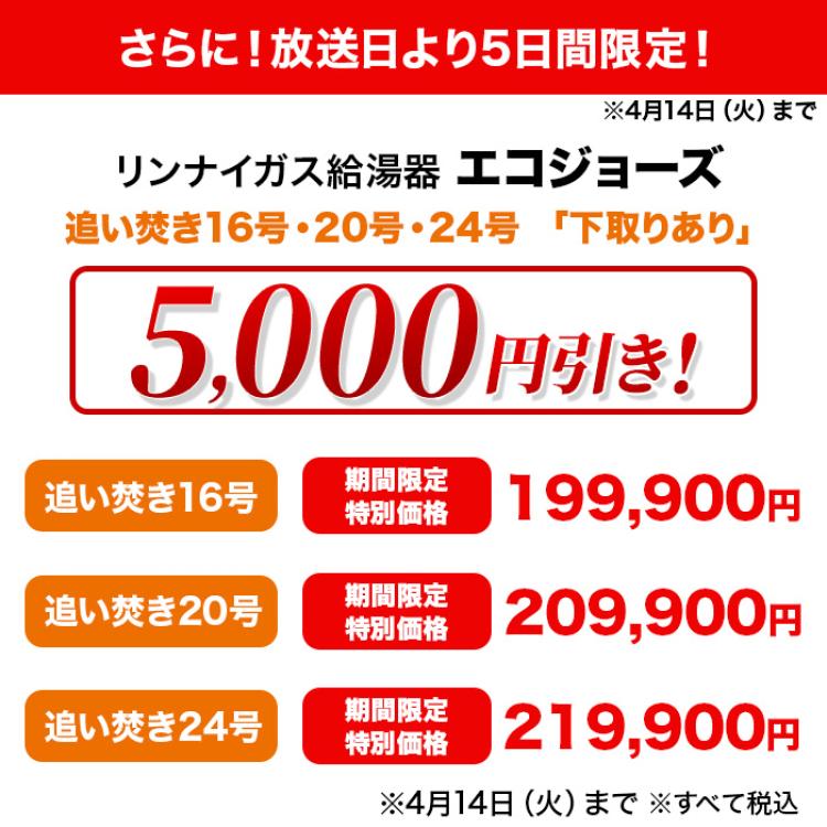 リンナイガス給湯器 エコジョーズ 追い焚き16号 下取りあり