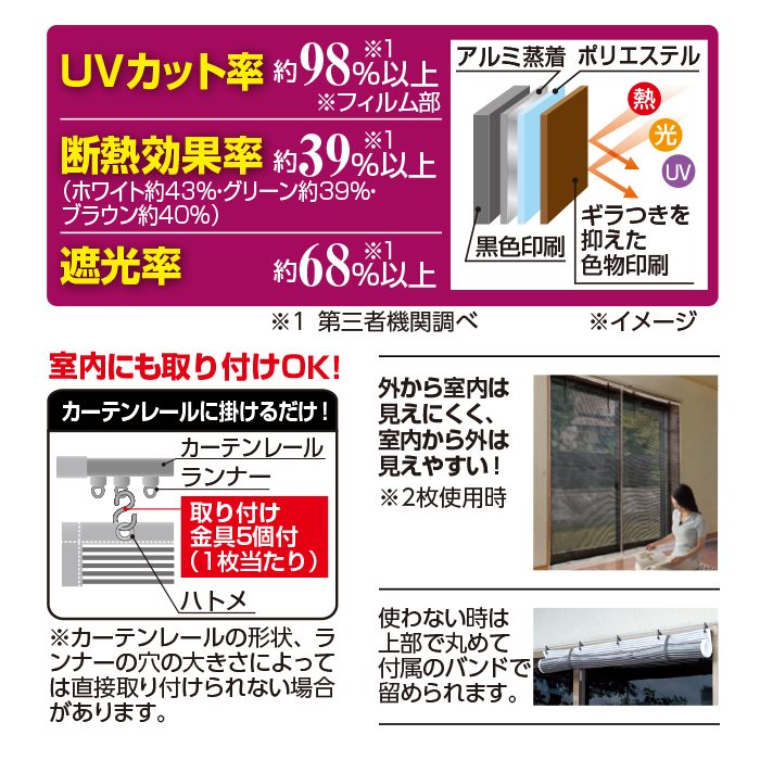 お洒落な遮熱アルミUVすだれ(S字フック付き)1枚