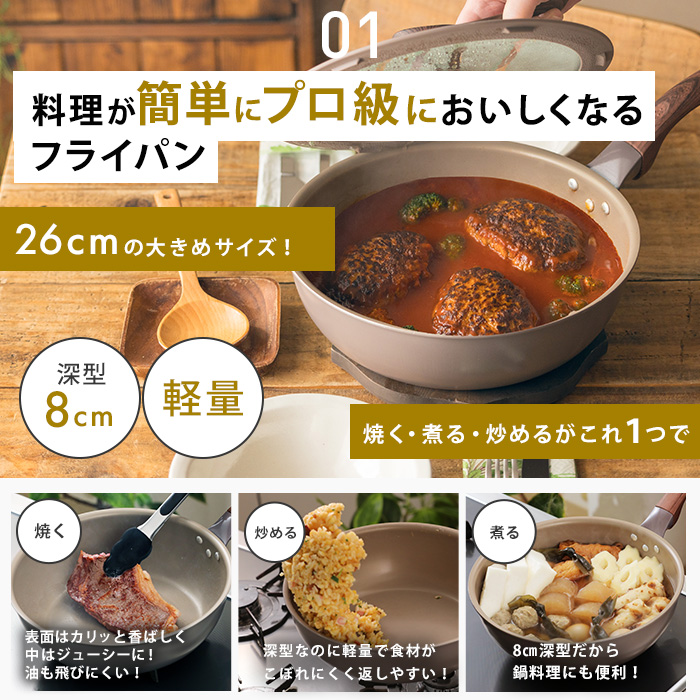 ギャル曽根プロデュース！スルッと長持ち万能フライパン鍋4点セット 直火用